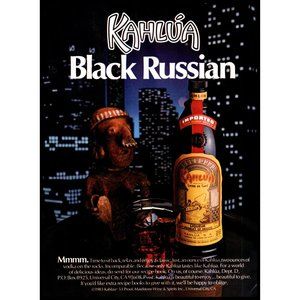 1985 Kahlua Liqueur Black Russian Vintage Print Ad Tiki Statue Skyline Wall Art